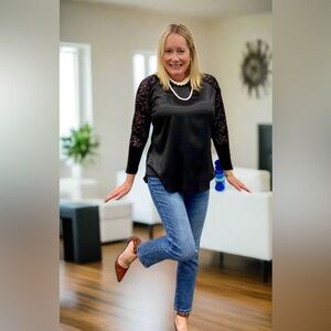 Dotty Black Satin + Lace Blouse, Size M